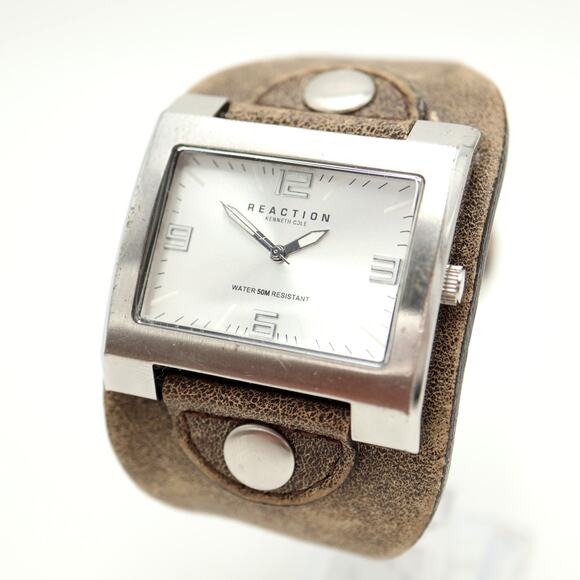 Kenneth Cole Reaction Mens Silver Tone 39mm Watch Leather Cuff w New Battery - Picture 1 of 14
